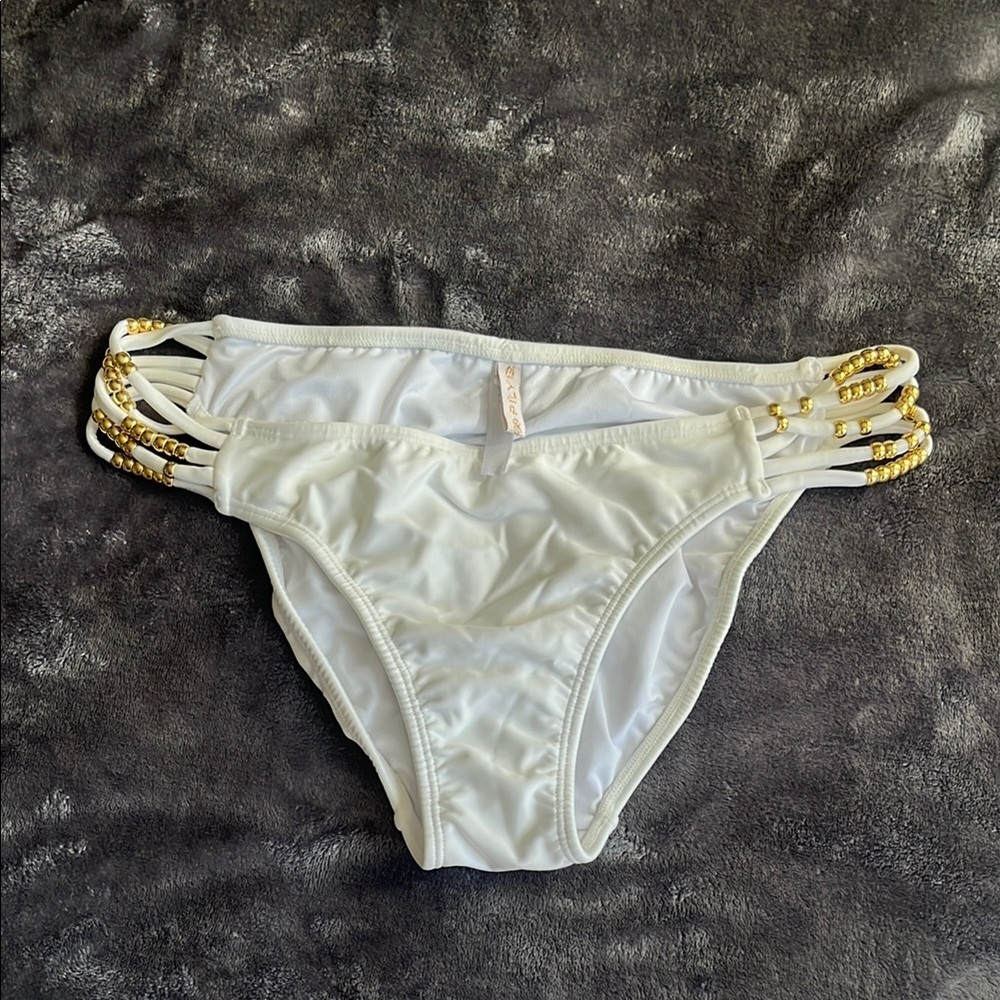 PILYQ White Strappy Bikini Bottom with Gold Bead Detail Glam Swimwear Y2K L
